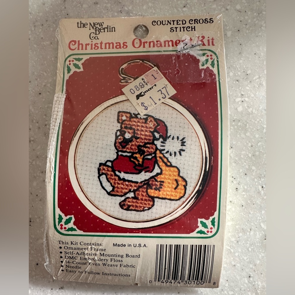 NEW Vintage Christmas Craft Ornament Kit Counted Cross Stitch Teddy Santa Bear.